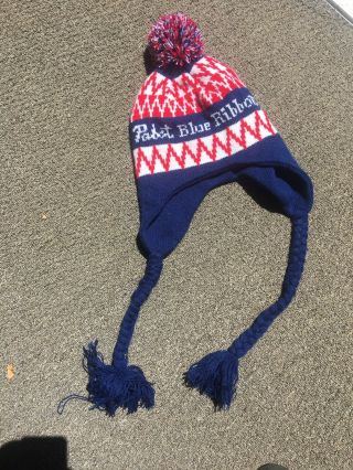 Winter Pabst Blue Ribbon Beer Knit Stocking Cap W/ Ear Flaps Pbr
