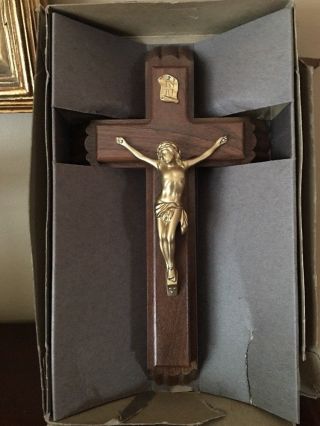 Vintage 13 " Wood Brass Wall Cross Crucifix Holy Religious Figure Opens Last Rite