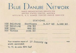 1954 Qsl: Blue Danube Network,  Us Forces,  Salzburg,  Austria