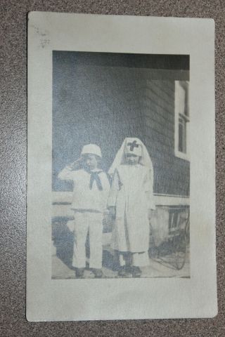 Vintage Wwi 1918 Photo Postcard Children As Us Navy Sailor & Red Cross Nurse