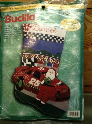Vintage Bucilla Christmas 500 Indy Race Car Stocking Kit 84071 Felt Applique