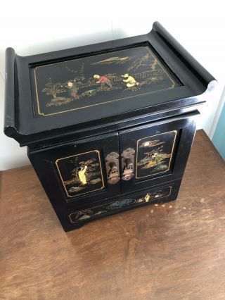 Vintage Chinese 5 Drawer Black Lacquer Jewelry Box Chest With Lock 15 X 13 X 9