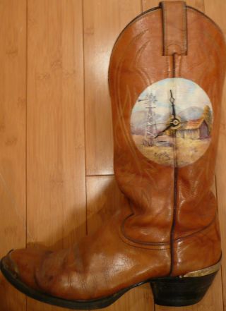 Vintage Folk Art Western Landscape Oil Painting,  Clock On Justin Cowboy Boot