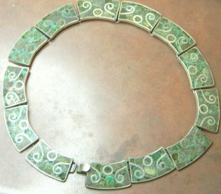 Fine Vtg Taxco Mexican Sterling & Turquoise Inlay Choker Necklace 68 Gram