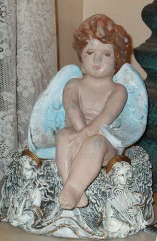 Vintage Cement Sitting Cherub Angel Boy Garden Statue