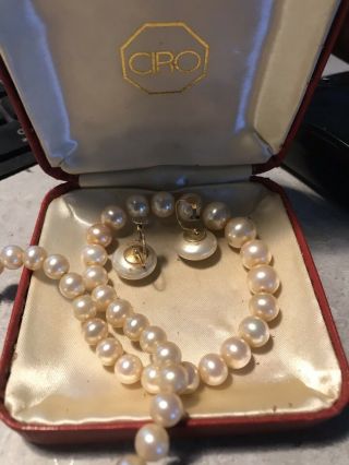 Vintage String Of Ciro Cultured Pearls With 9 Carat Gold Clasps Plus Earrings