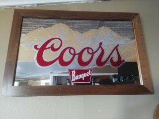Coors Banquet Beer Gold Mountains 14.  5  X22.  5  Wood Frame Man Cave Mirror Sign