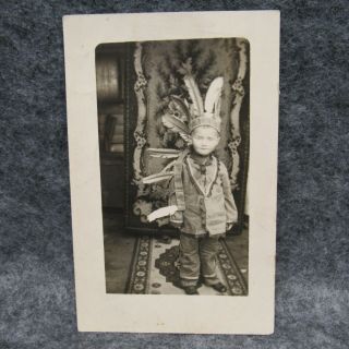 Black & White Real Photo Postcard Rppc Boy In Indian Headdress Unposted