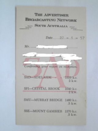 Qsl Card From Radio Station 5ad Crystal Brook South Australia 1957