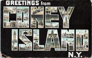 Greetings From Coney Island Brooklyn Large Letter 1907 York City Postcard