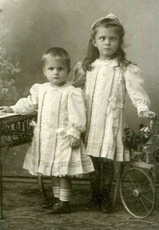 Antique Cdv Photo Darling Little Girl & Boy W Pleated Dresses & Flower Cart