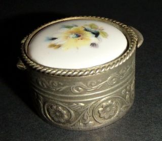 Porcelain And Pewter Pill Box.  Small 1 " W.  1 " H.  Old Estate Piece.  Hinged.  Stylish