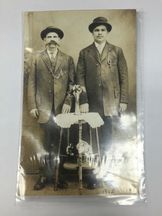 Vintage Rppc Real Photo Postcard Two Gentleman Handle Bar Mustache Flower Vase