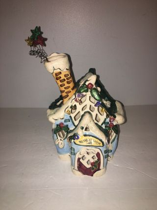2004 Blue Sky Christmas Reindeer Lodge Ceramic House Tealight Holder