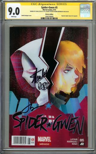 Spider - Gwen 5 Cgc 9.  0 Ss 3x Stan Lee Mexican Edition Rodriguez Cover Reprints