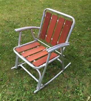 Aluminum Folding Lawn Rocking Chair Vintage Red Wood Cedar Slat Retro Patio Camp
