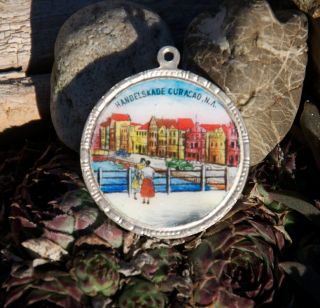 Vintage Enamel Keychain Pendant Badge Pontoon Bridge Curacao Handelskade