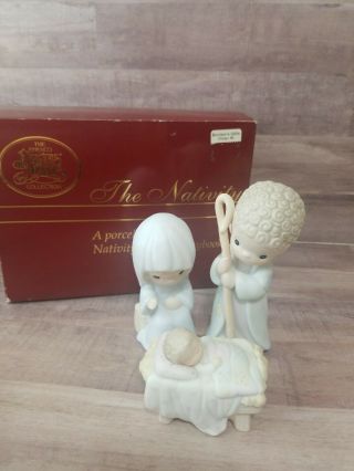 1995 Enesco Precious Moments 3 Piece Porcelain Bisque Nativity Set