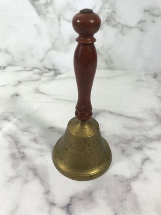 Vintage Brass Hand Held Bell India Ornate Design Wood Handle Collectible Piece