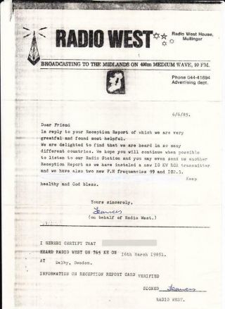 1985 Qsl: Radio West,  Mullingar,  Ireland