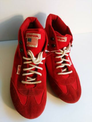 Vintage Mens Simpson High Top Racing Shoes Driver Red Suede 6 1/2 Made In Usa