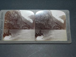 1905 Stereoview Tourists Crossing Lake Leon Norway Underwood Publishers