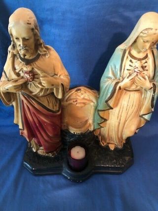 Vintage Chalkware Religious Statue Jesus Mary Votive Candle Holy Water Font