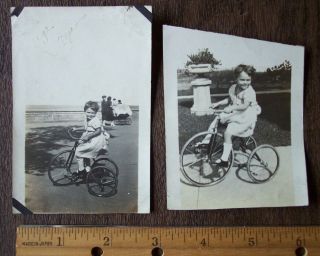 Vintage 2 Photos Of A Young Girl On A Tricycle Clear Bright Image