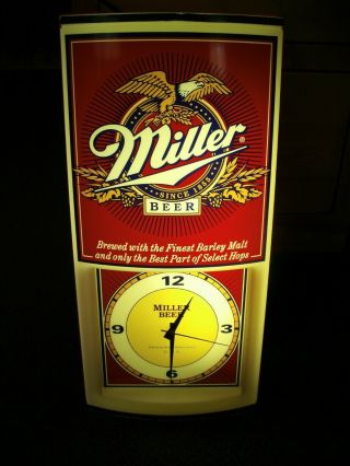 Vintage Miller Beer Light Up Clock Sign Advertisement With Eagle 24 " Tall X 12 "