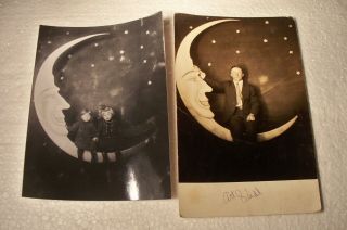 2 Real Photo Postcard Paper Moon Young Man & Two Children Rppc Azo Kodak