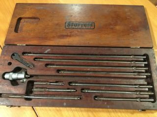 Vintage Starrett 124 Inside Micrometer & 10 Rods Machinisit Tool Wood Box