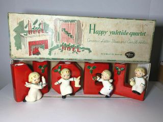 Vtg 1956 Large Red Christmas Napco Noel Angels Letters Candle Holders Vases W Ob