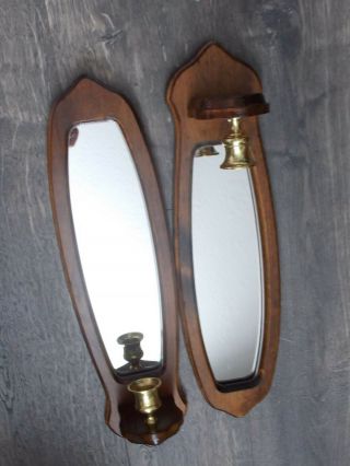Homco Home Interiors Pair Wooden Mirrored Wall Brass Candle Holder Sconces