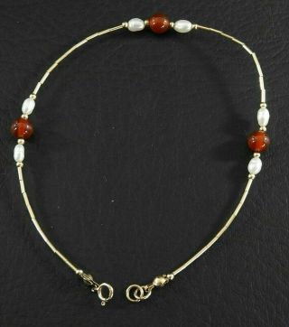 Vintage Anklet Pearl Carnelian Solid 14k Yellow Gold Beaded Southwestern Stone 9