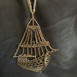 Statement Brass Sailboat Pendant Necklace 4 " X 5 " Vintage Nautical Sailboat