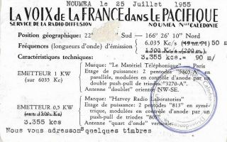 1955 Qsl: La Voix De La France Dans Le Pacifique,  Noumea,  Caledonia