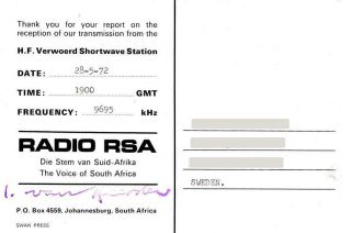 1972 QSL: Radio RSA - The Voice of South Africa,  Bloemendal,  South Africa 2