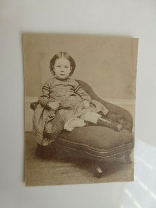 Antique Cdv Cab Photo Doll Like Little Girl Reclines On Child Sofa Plattsburg Ny