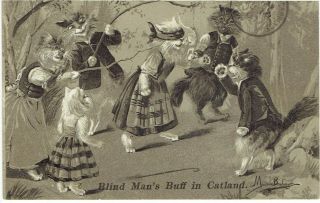 M Boulanger Artist Signed Old Postcard Anthropomorphic Cat Blind Mans Buff 1907