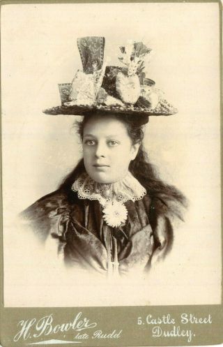1890s Cabinet Photograph By Bowler Portrait Of A Woman In An Exotic Hat