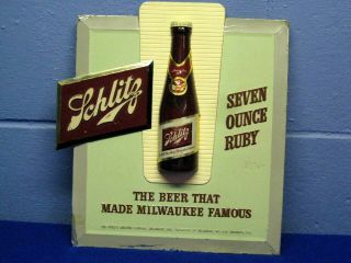 Very Old Schlitz Beer Tin On Cardboard Sign " Seven Ounce Ruby "