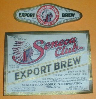 Scarce Seneca Club Export Brew Beer Label With Neck Label,  Irtp Utica N.  Y.