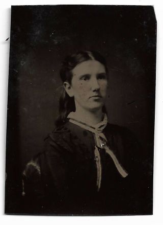 Charming Small Size Tintype Photograph Showing A Woman 1.  5 X 2.  25 "