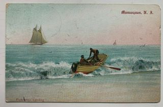 1908 Nj Postcard Manasquan Fishermen Landing Boat Beach Sailboat Ocean Monmouth