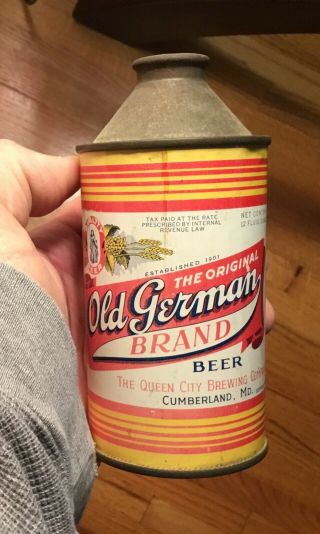 Old German Cone Top Beer Can Yellow Version Cumberland Md Advertising