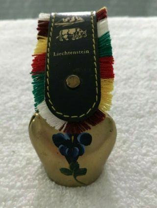 Vintage Liechtenstein Hand Painted Brass Cow Bell With Fringed Leather Strap