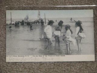 Young Ladies On The Edge Of The Waves At Coney Island,  N.  Y. ,  Vintage Card