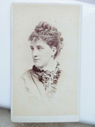 Antique Cdv Cabinet Photo Stylish Young Woman Upswept Hair Large Cross Boston Ma