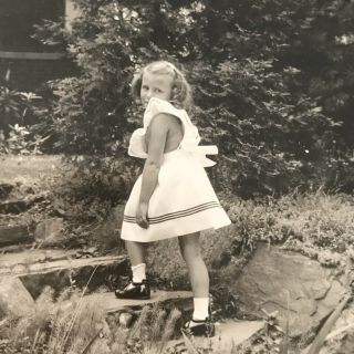 Vintage Photograph Cute Girl In Sundress Walking Up Stone Stairs Dated 7 - 30 - 1950