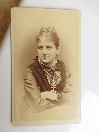 Antique Cdv Cabinet Photo Portrait Of Annie White Lovely Victorian Cross Jewelry